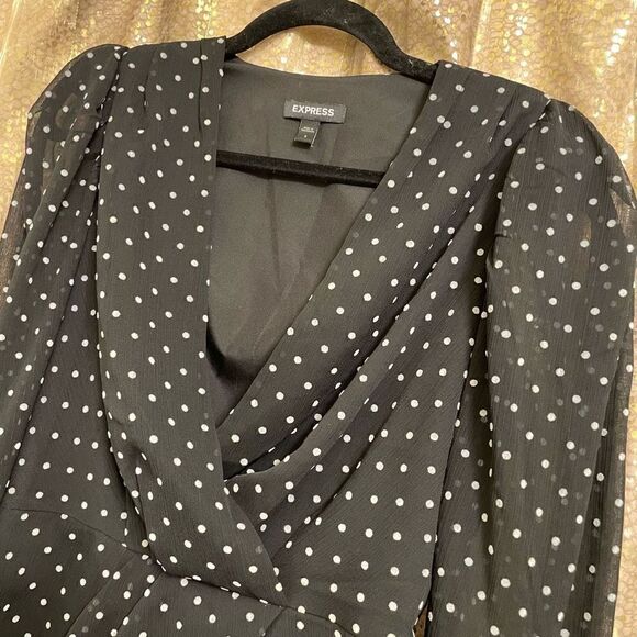 Express Black White Sheer Sleeve Polka Dot Surplice Top Puff Sleeve S - Picture 5 of 6